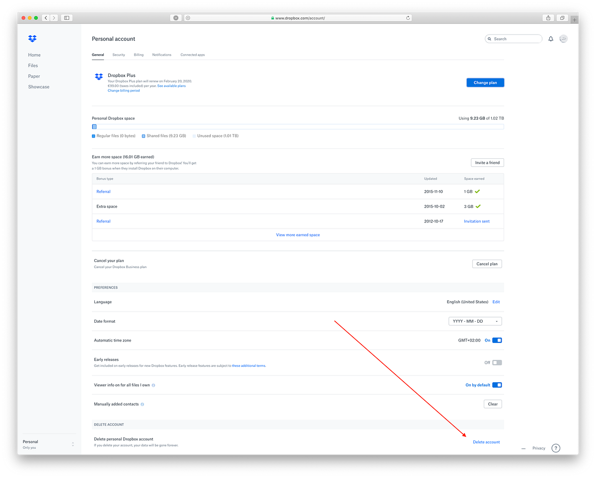 General settings — Dropbox.com