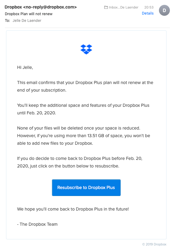 Confirmation email — Dropbox.com