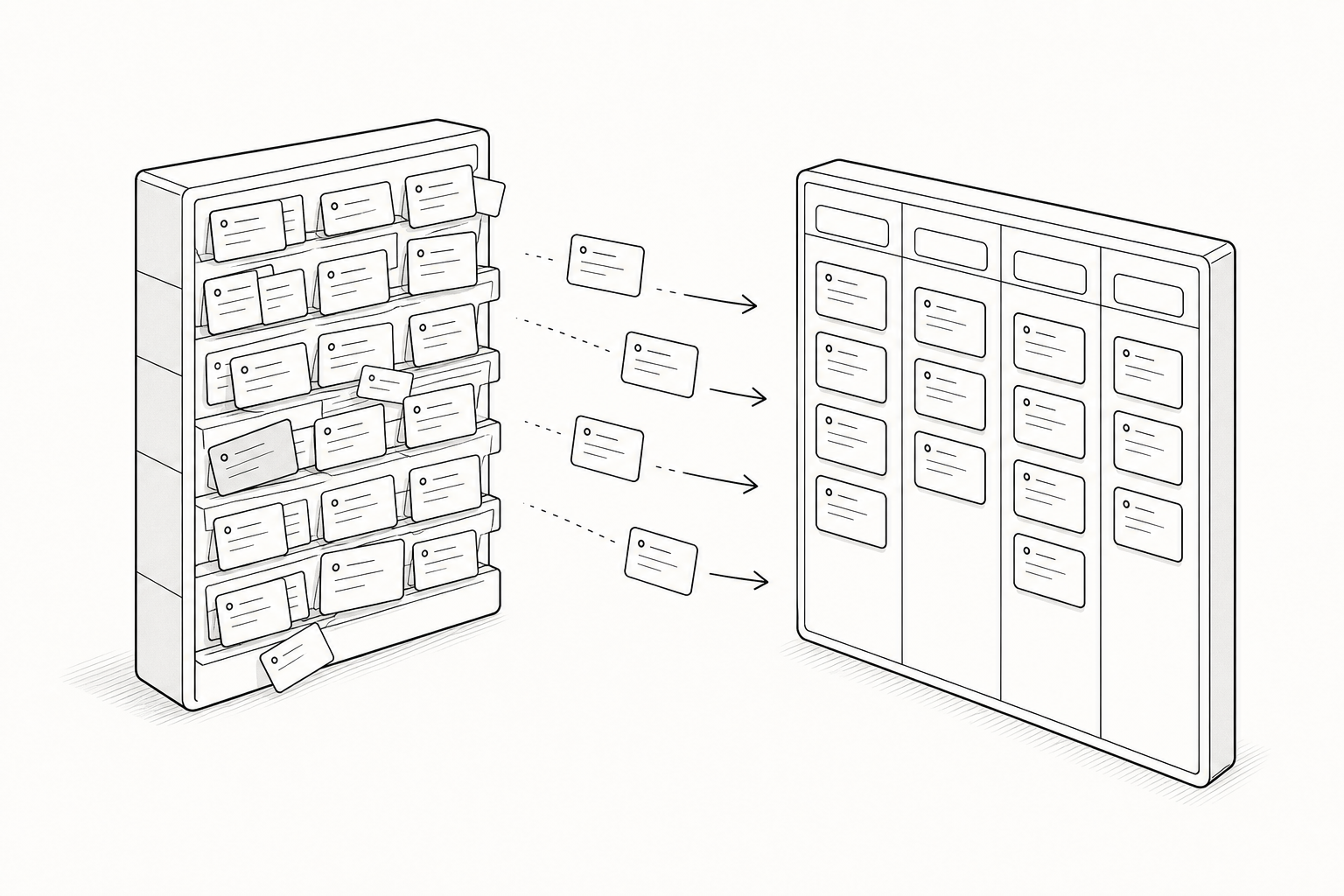 Line drawing of issue cards moving from a crowded tracker into an organized issue board.